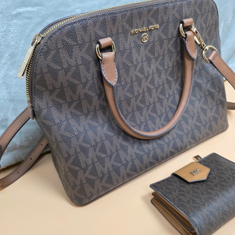 Michael Kors Signature Monogram Satchel‎ Handbag & Wallet Set Brown - Picture 2 of 13